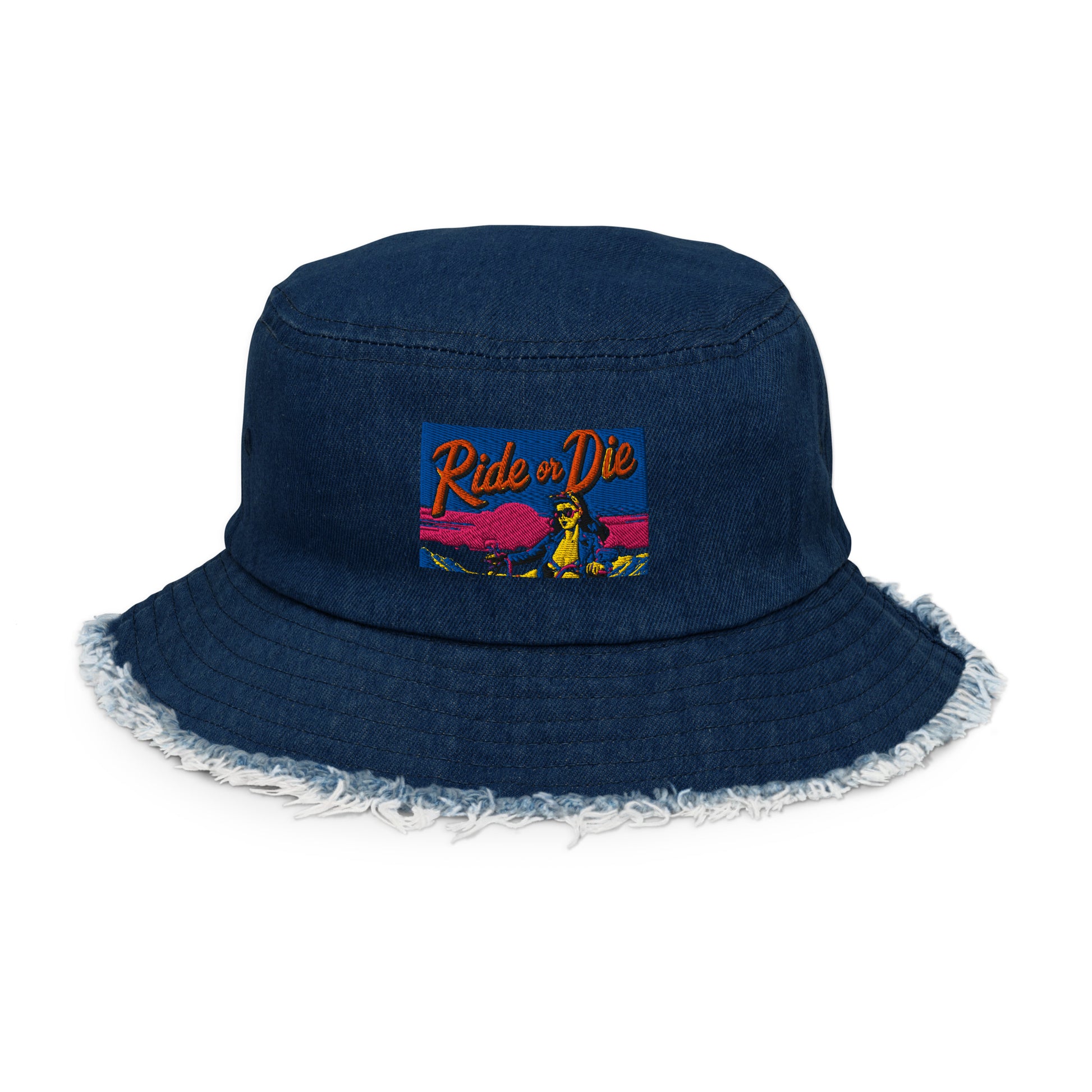 Hot &amp; sweet with a fearless edge—this Ride or Die distressed denim bucket hat is made for those who crave freedom and adventure.